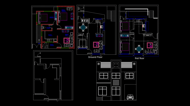 Two-Story Residential House Floor Plan and Front Elevation