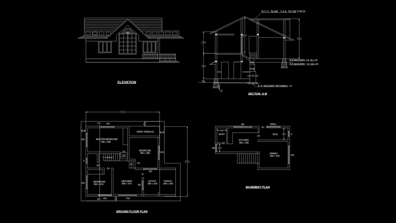 Multi-Level House Floor Plans with Elevation and Structural Section