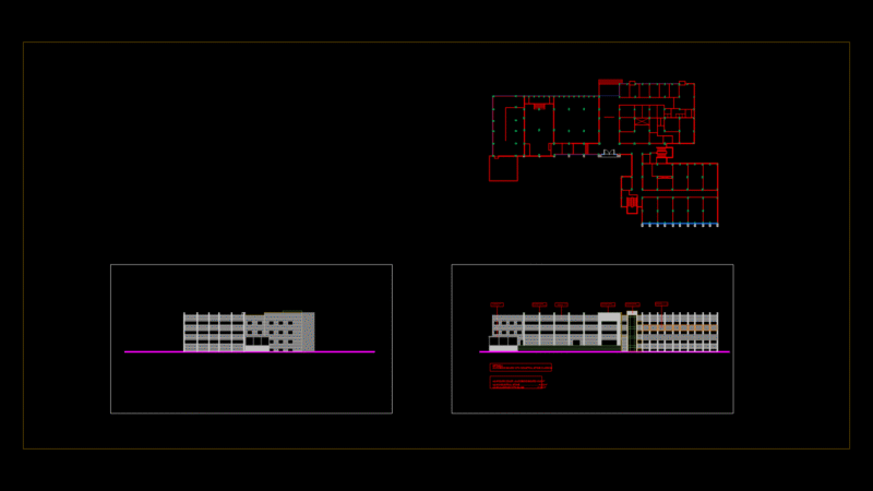 L-Shaped School Building Plan with Concrete-Glass Facade Elevations