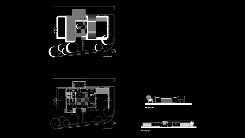 Single-Story Modern house Plan with Roof Design and Sections