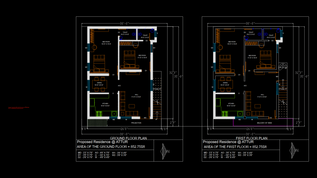 Two-Storey Residential Floor Plan with 852.75 sq.ft per Level