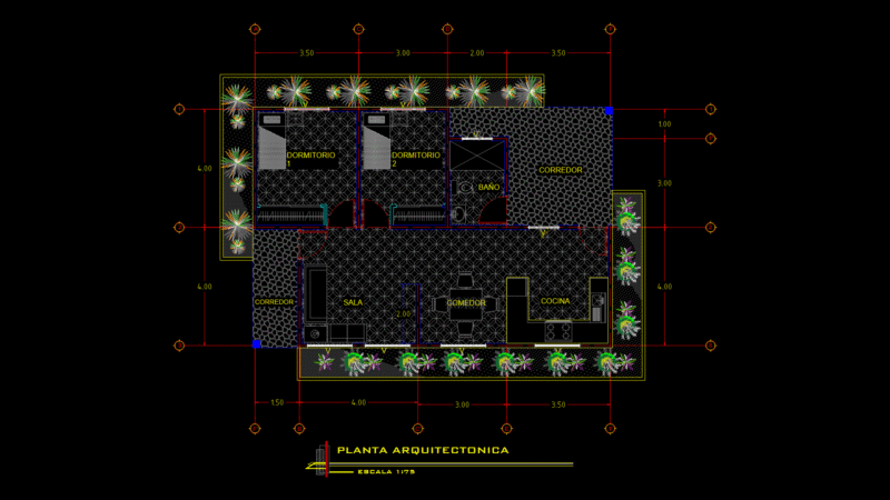 Single-Story Residential Floor Plan with Two Bedrooms and Integrated Landscaping
