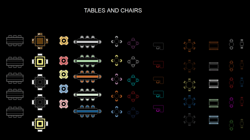 2D CAD Block Library: tables & Chairs for Interior Design Plans