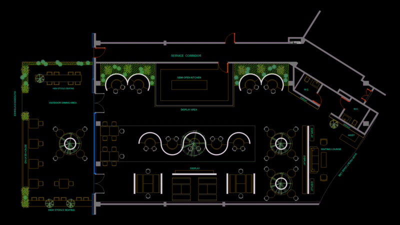 Commercial Restaurant Floor Plan with Semi-Open Kitchen Layout