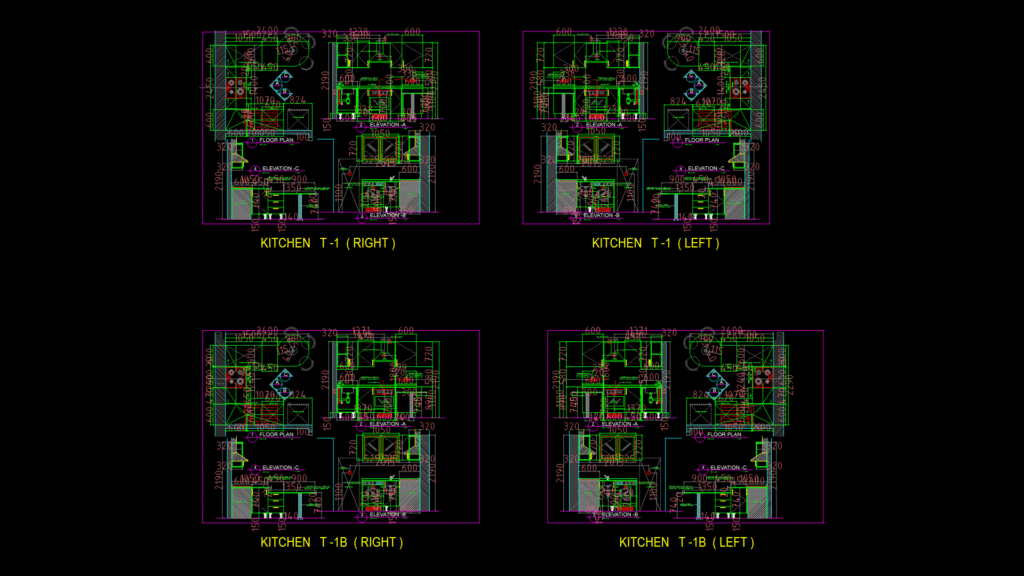 Kitchen type-1 & 1B Floor Plans and Elevations for Apartment Units