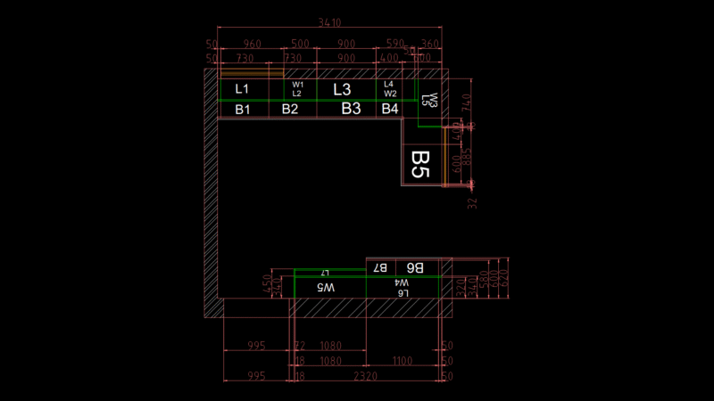 L-Shaped Kitchen Layout plan with Workstation Configuration