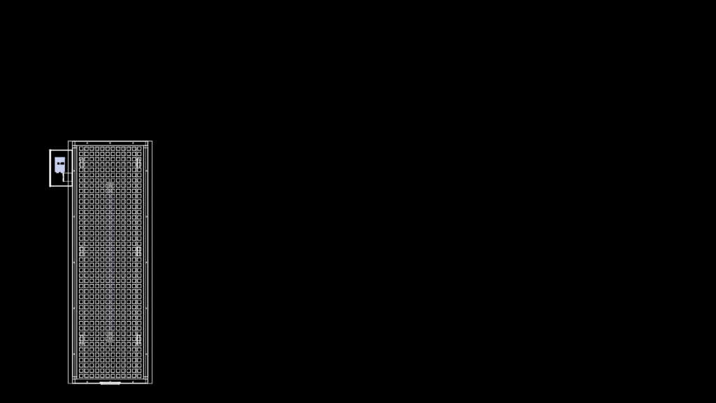 2D plan view of a rectangular UV light assembly with a protective grid and side-mounted electrical control box.