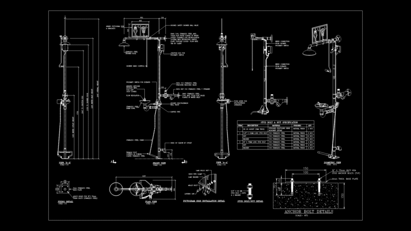 Emergency Shower & Eyewash Station Detail Drawing with Stainless Steel Components