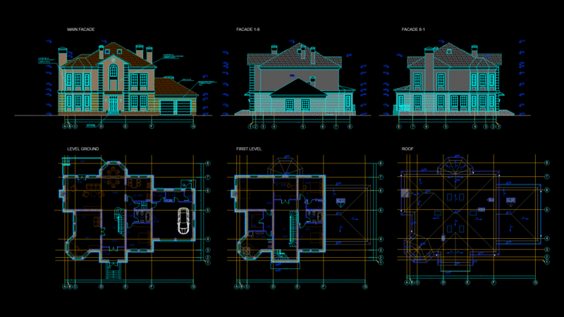 Two-Story Traditional Family House Plan with Elevations and Roof