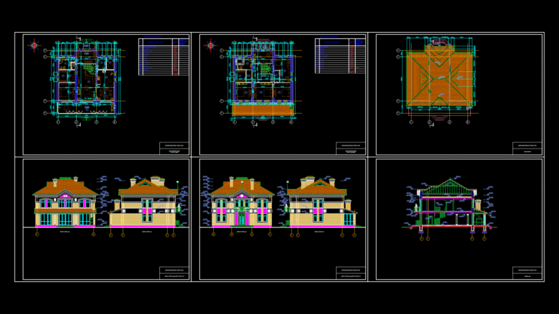 Two-Story Residential villa Floor Plans, Elevations & Section