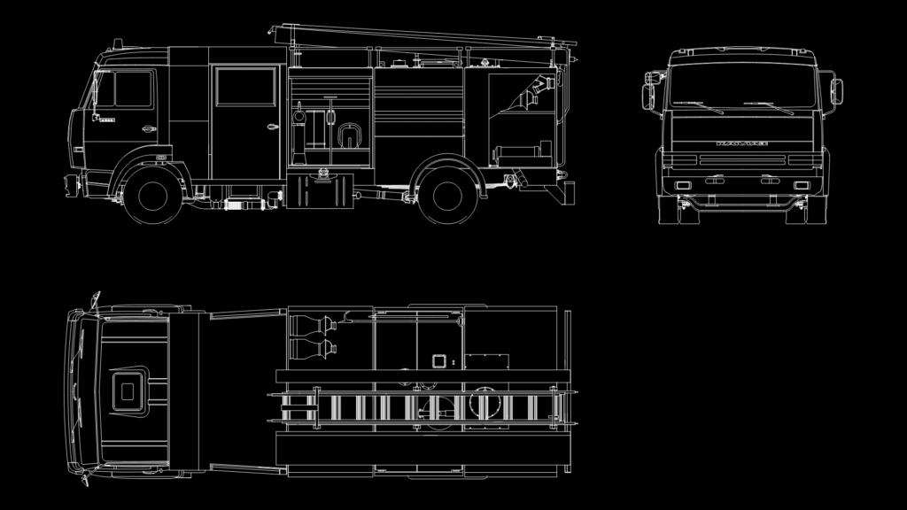 Multi-View Fire Truck CAD Model with Equipment Compartments