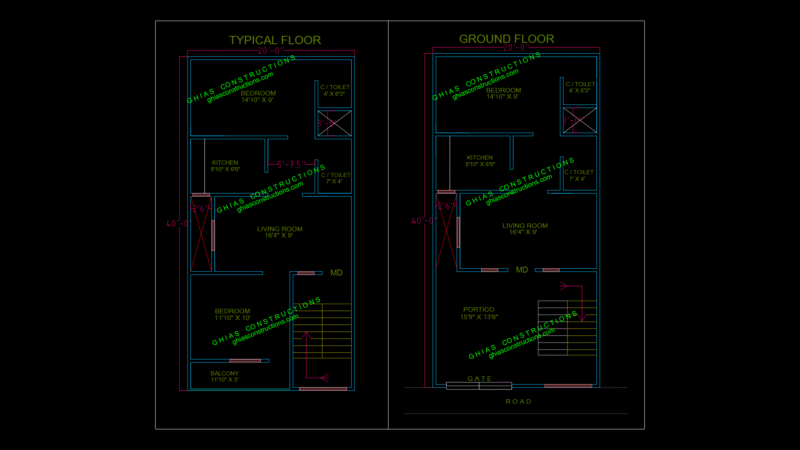 20 x 40 Two-Story House Floor Plan with Portico and Balcony
