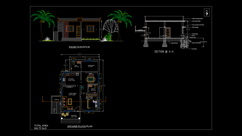 Single-Story House Plan with Structural details and Foundation