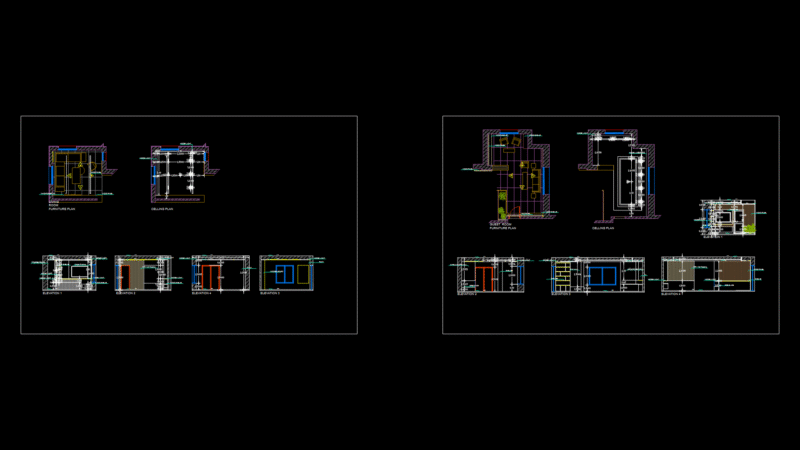 Residential Living Room Plan and Elevations with Mixed-Material Finishes