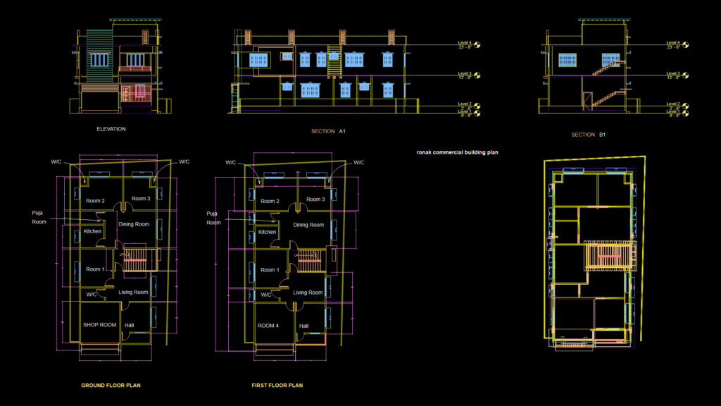 Mixed-Use Commercial-Residential Building Floor Plans & Sections