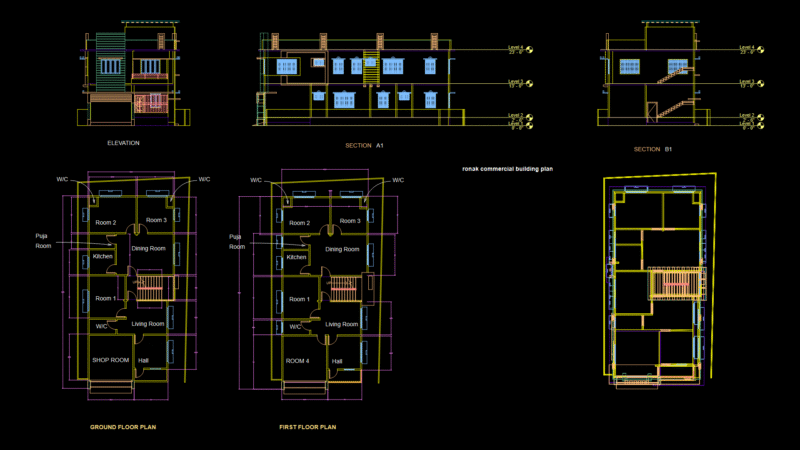 Mixed-Use Commercial-Residential Building Floor Plans & Sections