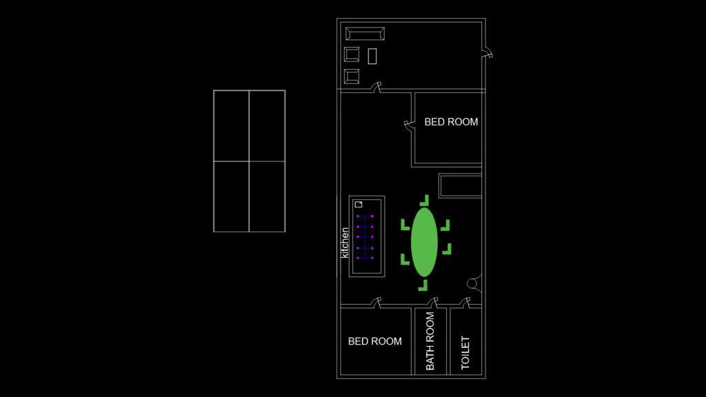 Residential Floor Plan with 2 Bedrooms, Kitchen and Bathroom