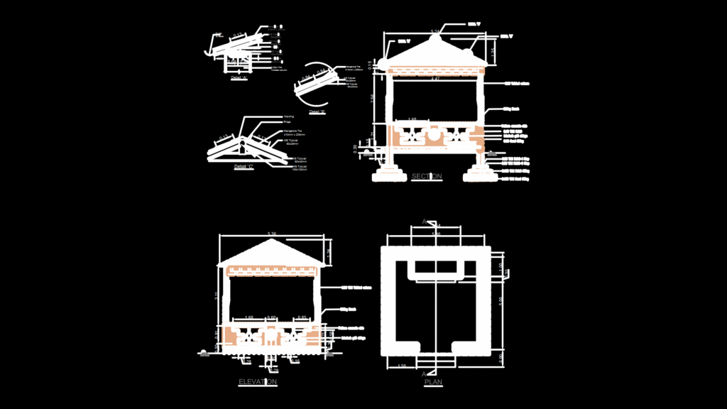 Security guard Booth Section, Elevation and Plan Details