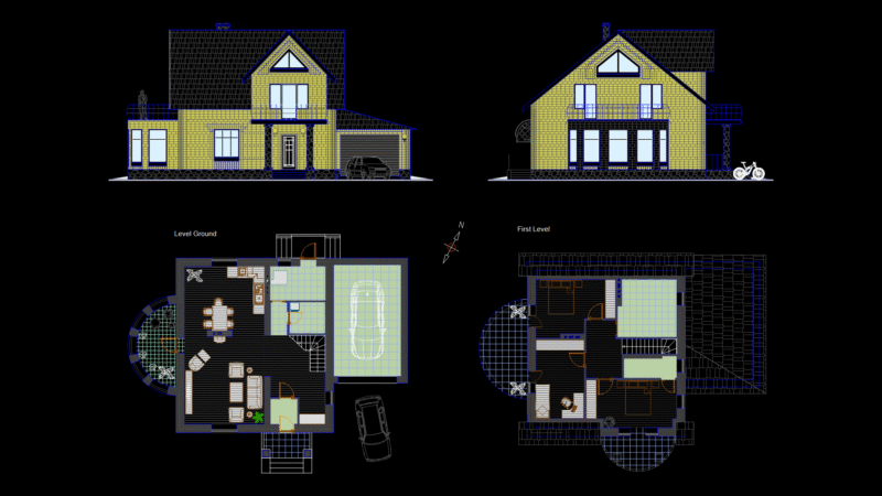 Two-Story Family House Floor Plan with Elevations and Garage
