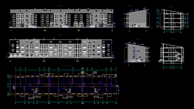 Three-Storey Residential Apartment Building with Floor Plan & Sections