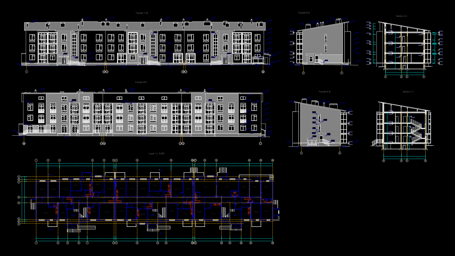 Three Storey Residential Apartment Building With Floor Plan Sections 