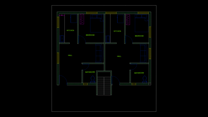 Mirrored 1BHK Apartment Floor Plan with Central Staircase Access