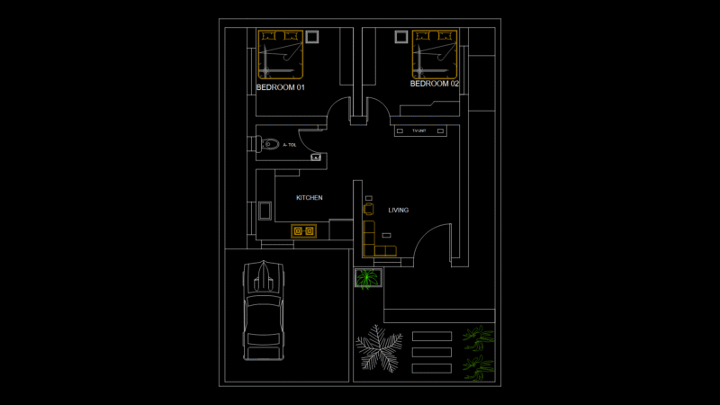 Two-Bedroom Apartment Floor Plan with Carport and Garden Area