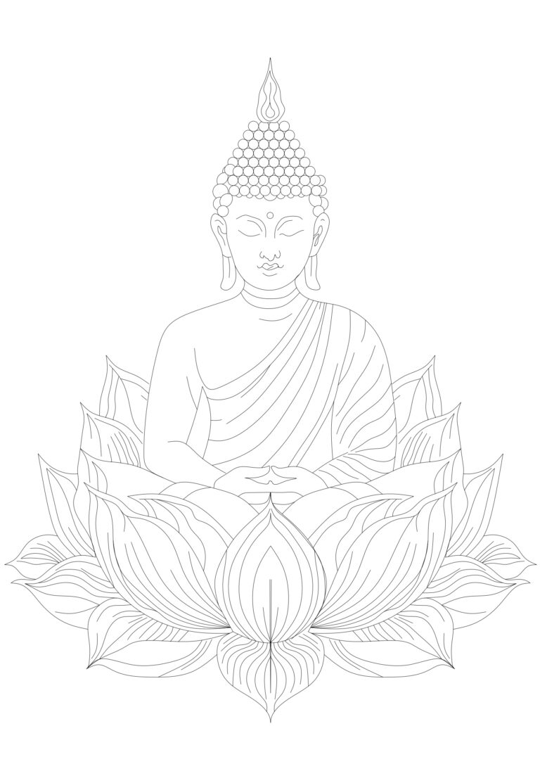 Detailed 2D line drawing of a Buddha statue sitting in meditation on a large lotus flower.