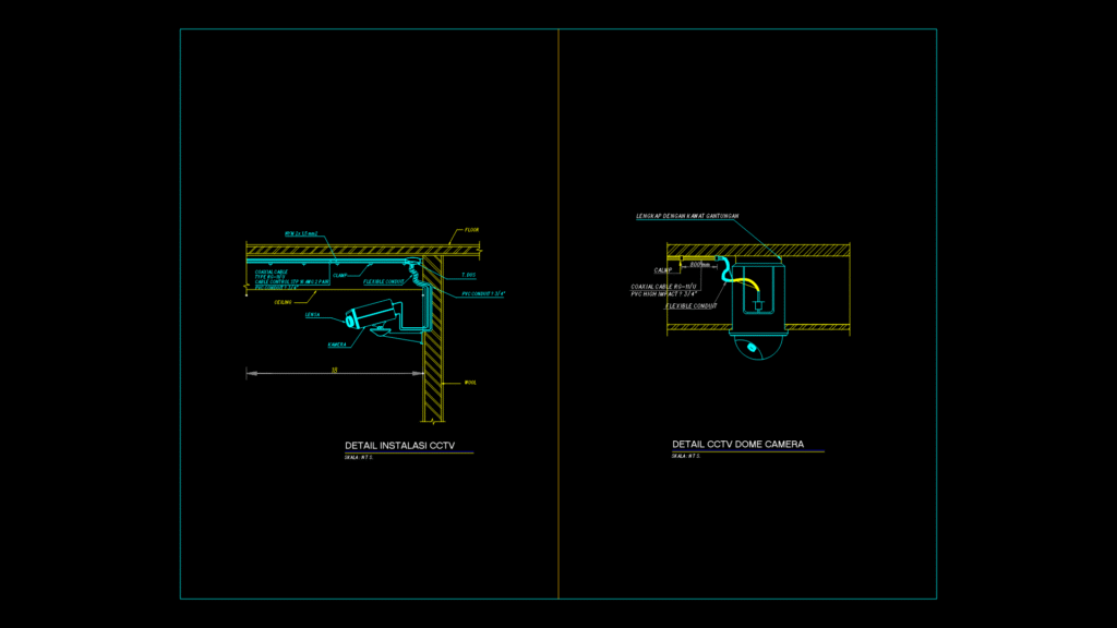 CAD section drawings showing wall camera and dome camera mounting with conduit and cable labeling.