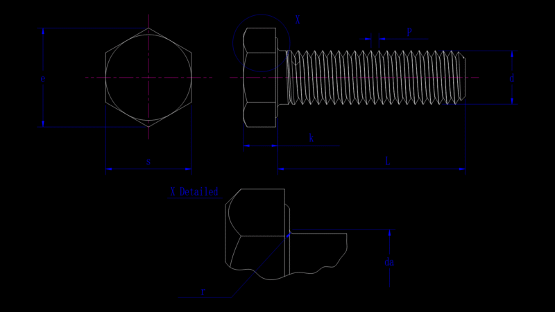 Hexagonal Head Bolt Technical Detail Drawing with Thread Profile