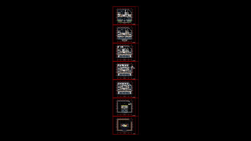 Multi-Level Hotel Floor Plans with Elevator Core and Room Layouts