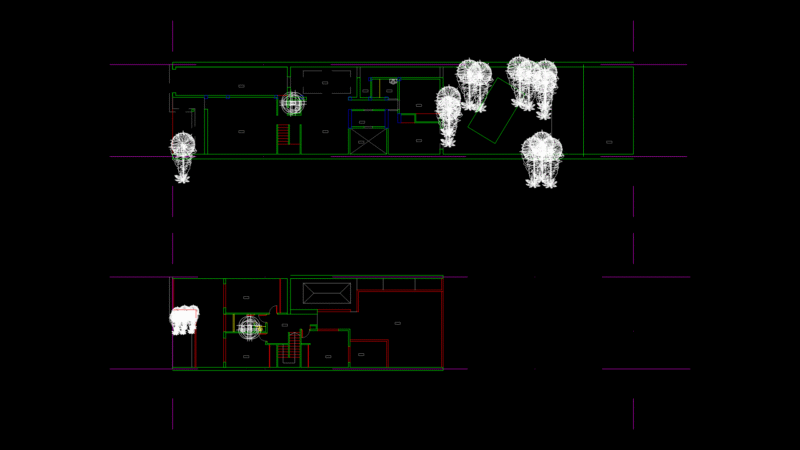 Residential Two-Level Floor Plan with Bathroom Fixtures and Garden Layout