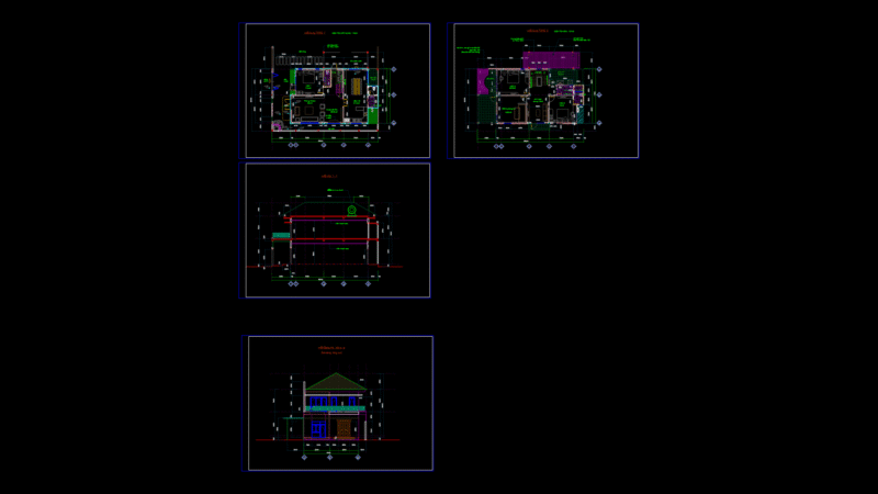 Two-Story Villa Floor Plans with Sections and Front Elevation
