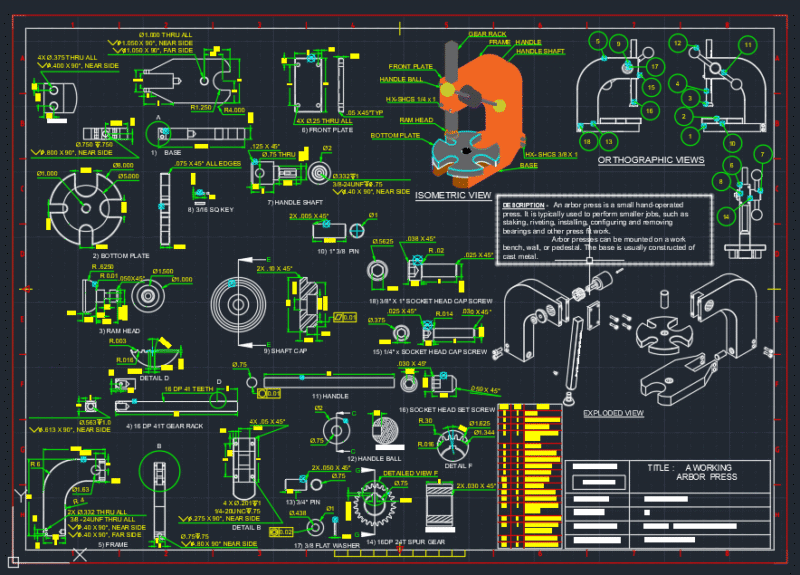 ARBOR PRESS MACHINE DETAILING WITH DRAFTING INCLUDING ISO VIEW