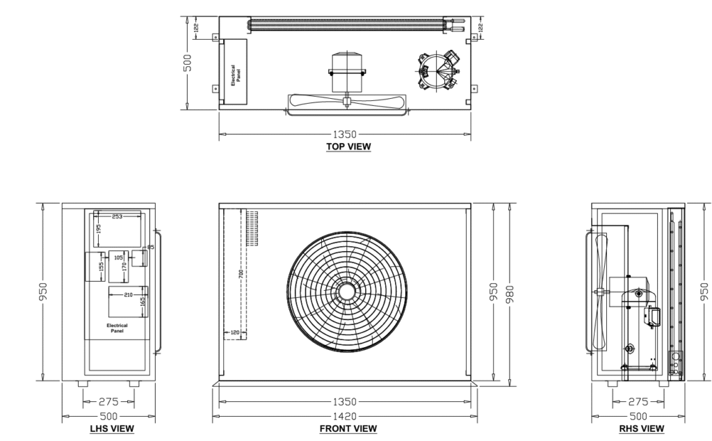 Technical 2D drawing of a 5TR air-cooled condenser unit showing front, top, and side elevations with dimensions.