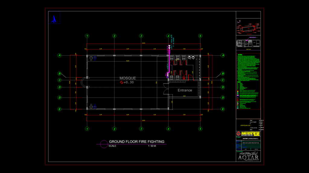 Ground floor Fire Fighting Plan for Factory Mosque at 1:50 Scale