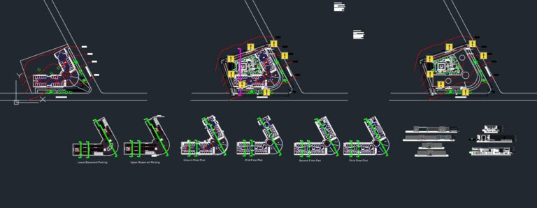 AutoCAD drawing of a modern commercial shopping mall with detailed floor plans, multiple retail units, parking layout, and elevation views – designed for urban retail spaces.
