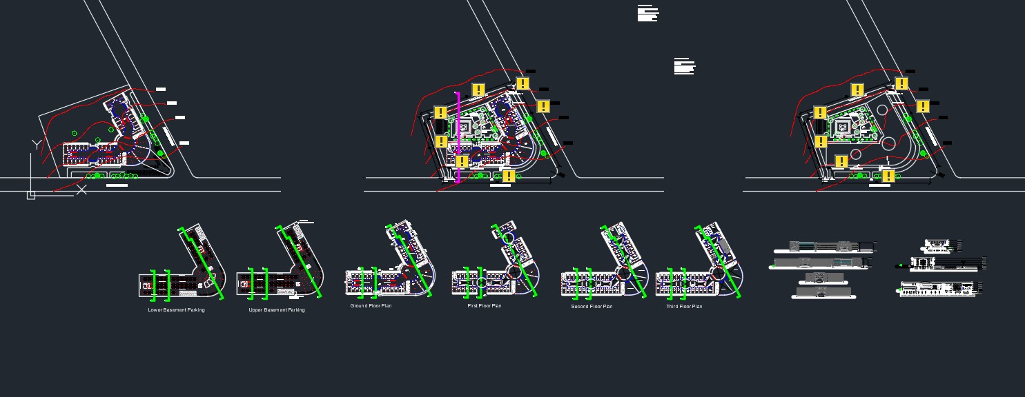 AutoCAD drawing of a modern commercial shopping mall with detailed floor plans, multiple retail units, parking layout, and elevation views – designed for urban retail spaces.