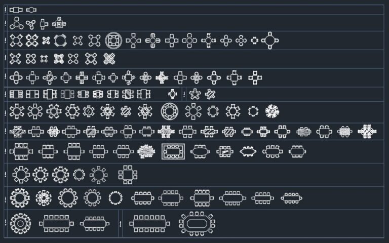 Dining table CAD blocks in DWG – top view furniture drawings from 2-chair to 15-chair layouts for interior design and architectural plans