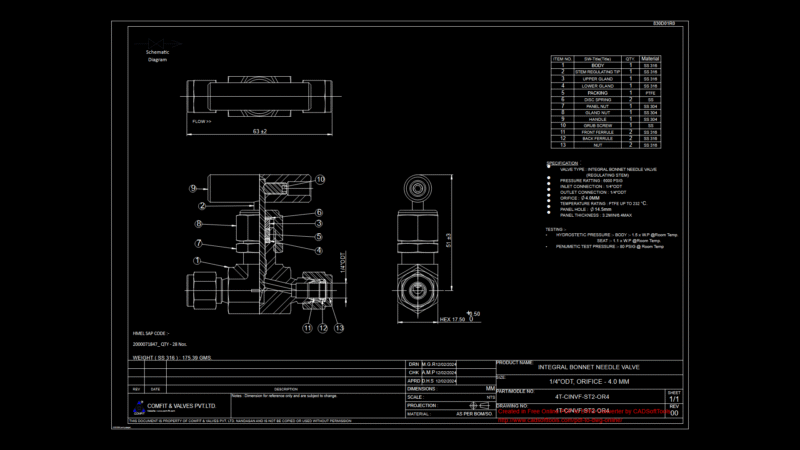 Integral Bonnet Needle Valve Technical Drawing with 4mm Orifice