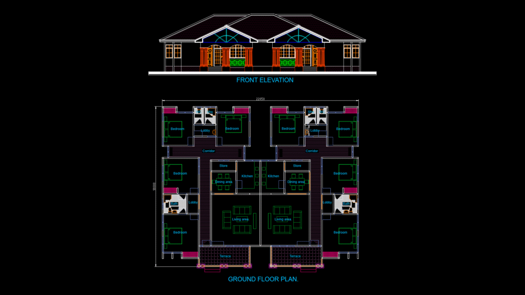 Multi-Unit Residential Floor Plan & Elevation with 4 flat Layout