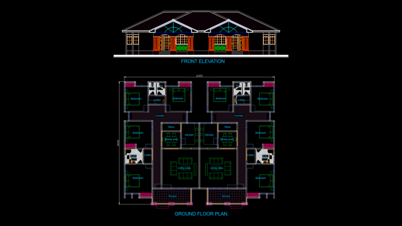 Multi-Unit Residential Floor Plan & Elevation with 4 flat Layout