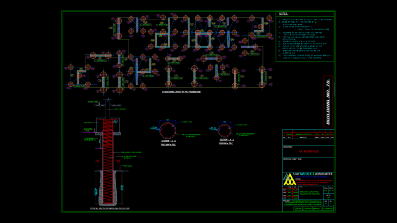 Pile Foundation Layout with Reinforcement Details for M45 Concrete