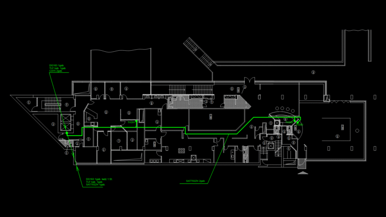 CAD floor plan showing a green telecommunications cable network and numbered TV outlets in a multi-unit building.