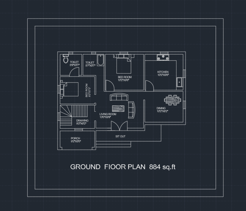 “Modern 2BHK House Plan with Parking (884 sq.ft.)”