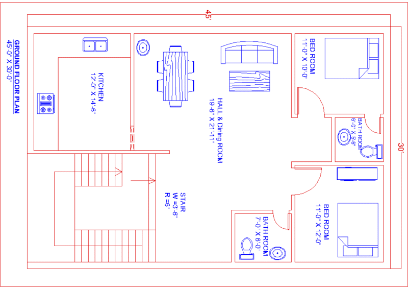 Modern 2-Bedroom Ground Floor House Plan (45′ × 30′)