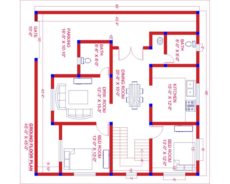 Ground Floor House Plan 30×45 ft | 2BHK Modern Blueprint with Parking & Kitchen | DesignsCAD