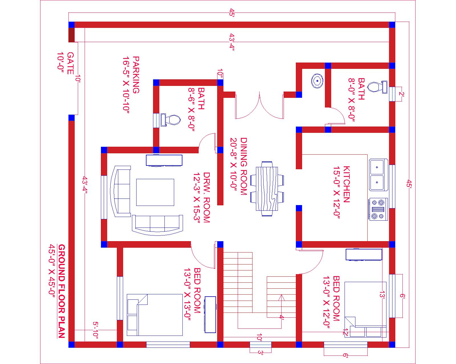 Ground Floor House Plan 30x45 ft | 2BHK Modern Blueprint with Parking ...