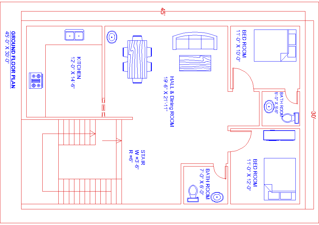 Ground Floor House Plan 30x45 ft | 2BHK Modern Blueprint with Parking ...