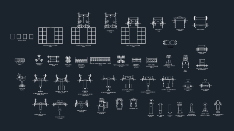 CAD floor plan of a gym featuring Technogym equipment blocks including treadmills, ellipticals, and locker room layout.